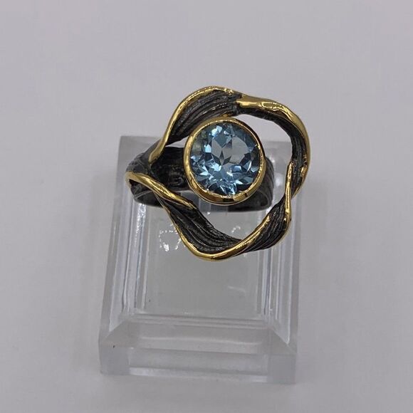 NWOT, solid sterling 925, black rhodium plating, 22 K gold vermeil, real topaz - Picture 1 of 16